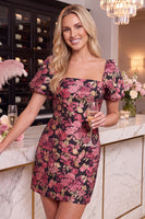 Laden Sie das Bild in den Galerie-Viewer, Schwarze Rote Blume Bodycon Quadrathals Kurzes Abendkleid