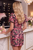 Laden Sie das Bild in den Galerie-Viewer, Schwarze Rote Blume Bodycon Quadrathals Kurzes Abendkleid