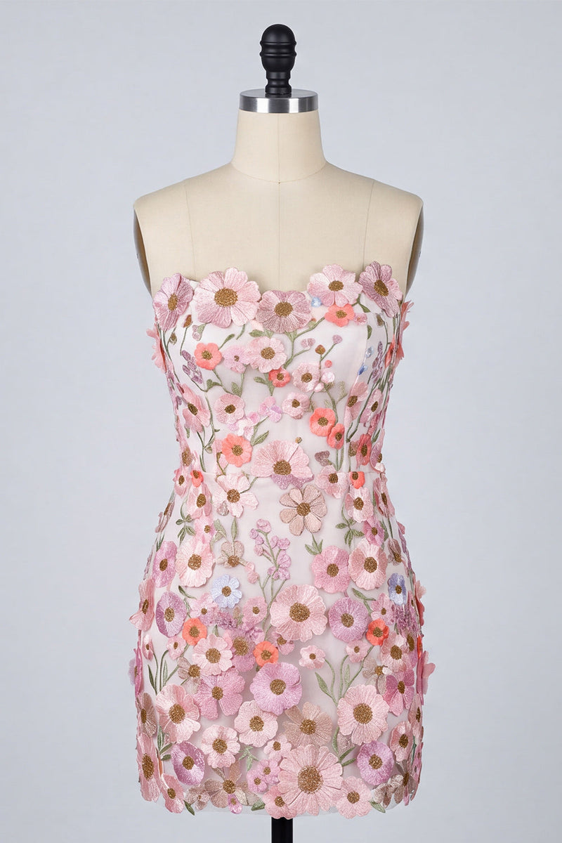 Laden Sie das Bild in den Galerie-Viewer, Blumiges Applikiertes Trägerloses Bodycon Kurzes Abendkleid mit Applikation