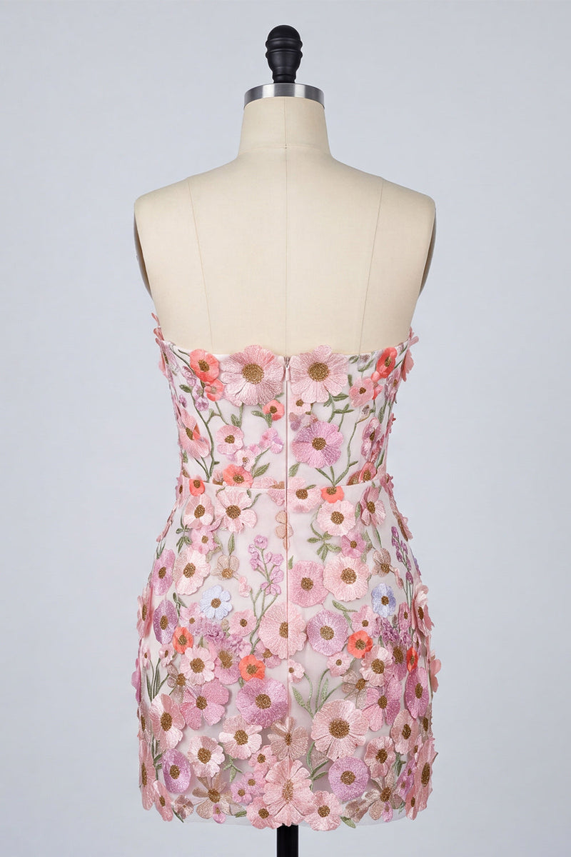 Laden Sie das Bild in den Galerie-Viewer, Blumiges Applikiertes Trägerloses Bodycon Kurzes Abendkleid mit Applikation