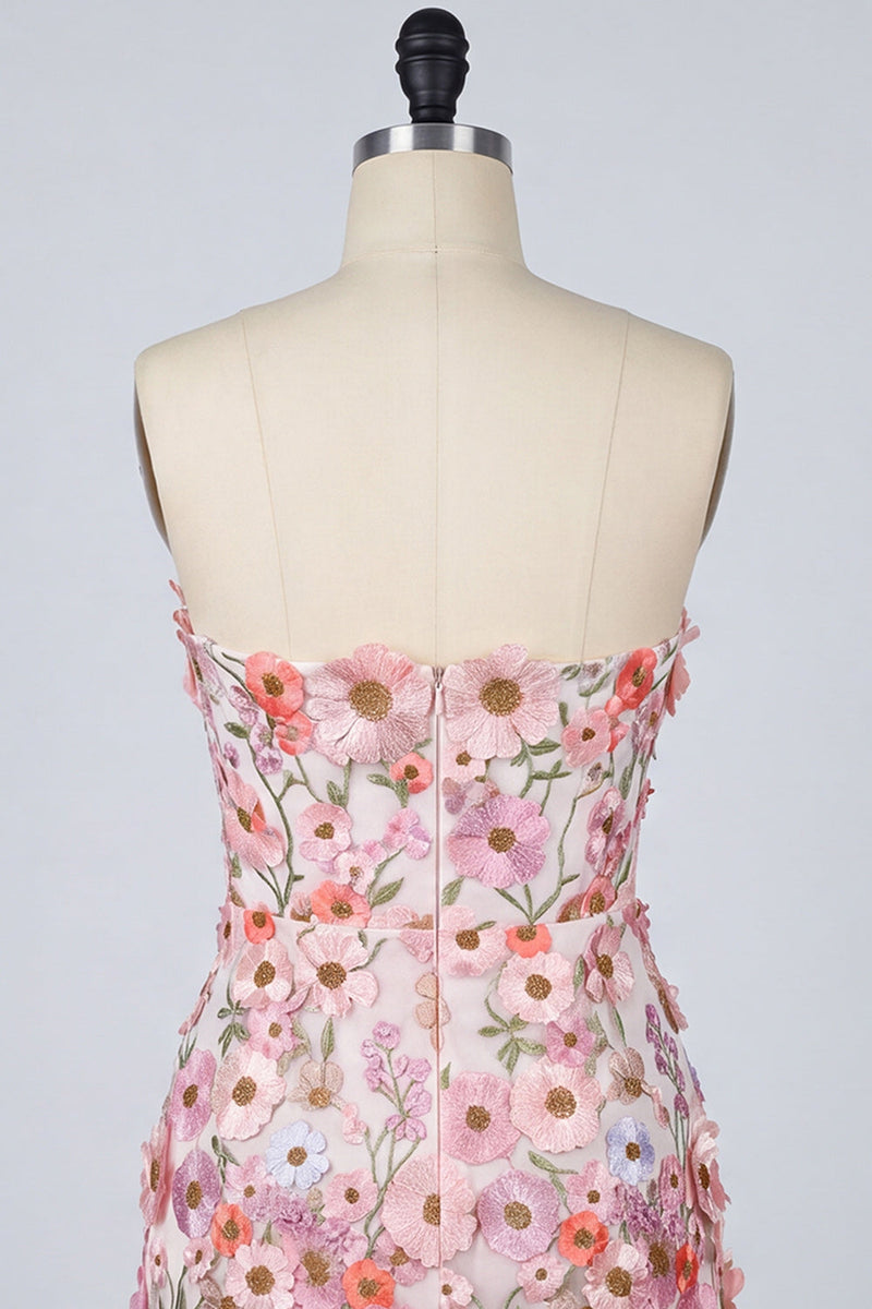 Laden Sie das Bild in den Galerie-Viewer, Blumiges Applikiertes Trägerloses Bodycon Kurzes Abendkleid mit Applikation