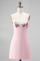 Laden Sie das Bild in den Galerie-Viewer, Rosa Bodycon Blumen Stickerei V-Ausschnitt Kurzes Abendkleid