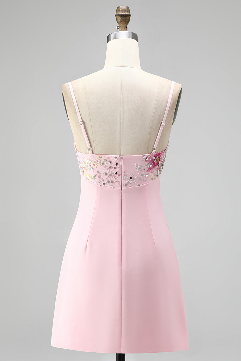 Laden Sie das Bild in den Galerie-Viewer, Rosa Bodycon Blumen Stickerei V-Ausschnitt Kurzes Abendkleid