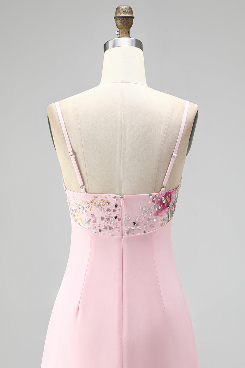 Laden Sie das Bild in den Galerie-Viewer, Rosa Bodycon Blumen Stickerei V-Ausschnitt Kurzes Abendkleid