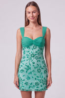 Laden Sie das Bild in den Galerie-Viewer, Himmelblaues Perlen Gerafftes Geblümtes Bodycon Kurzes Abendkleid mit Pailletten