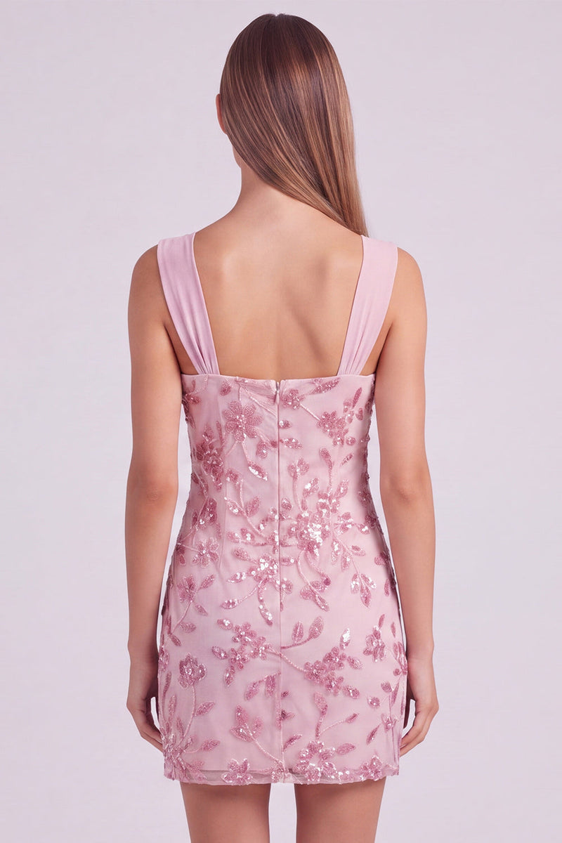 Laden Sie das Bild in den Galerie-Viewer, Himmelblaues Perlen Gerafftes Geblümtes Bodycon Kurzes Abendkleid mit Pailletten