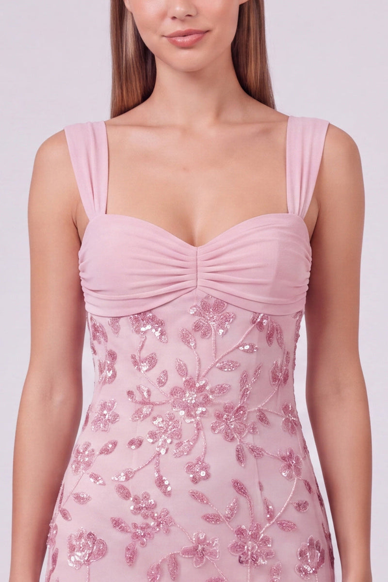 Laden Sie das Bild in den Galerie-Viewer, Himmelblaues Perlen Gerafftes Geblümtes Bodycon Kurzes Abendkleid mit Pailletten