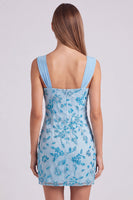 Laden Sie das Bild in den Galerie-Viewer, Himmelblaues Perlen Gerafftes Geblümtes Bodycon Kurzes Abendkleid mit Pailletten