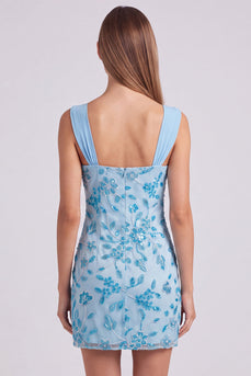 Himmelblaues Perlen Gerafftes Geblümtes Bodycon Kurzes Abendkleid mit Pailletten
