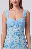 Laden Sie das Bild in den Galerie-Viewer, Himmelblaues Perlen Gerafftes Geblümtes Bodycon Kurzes Abendkleid mit Pailletten