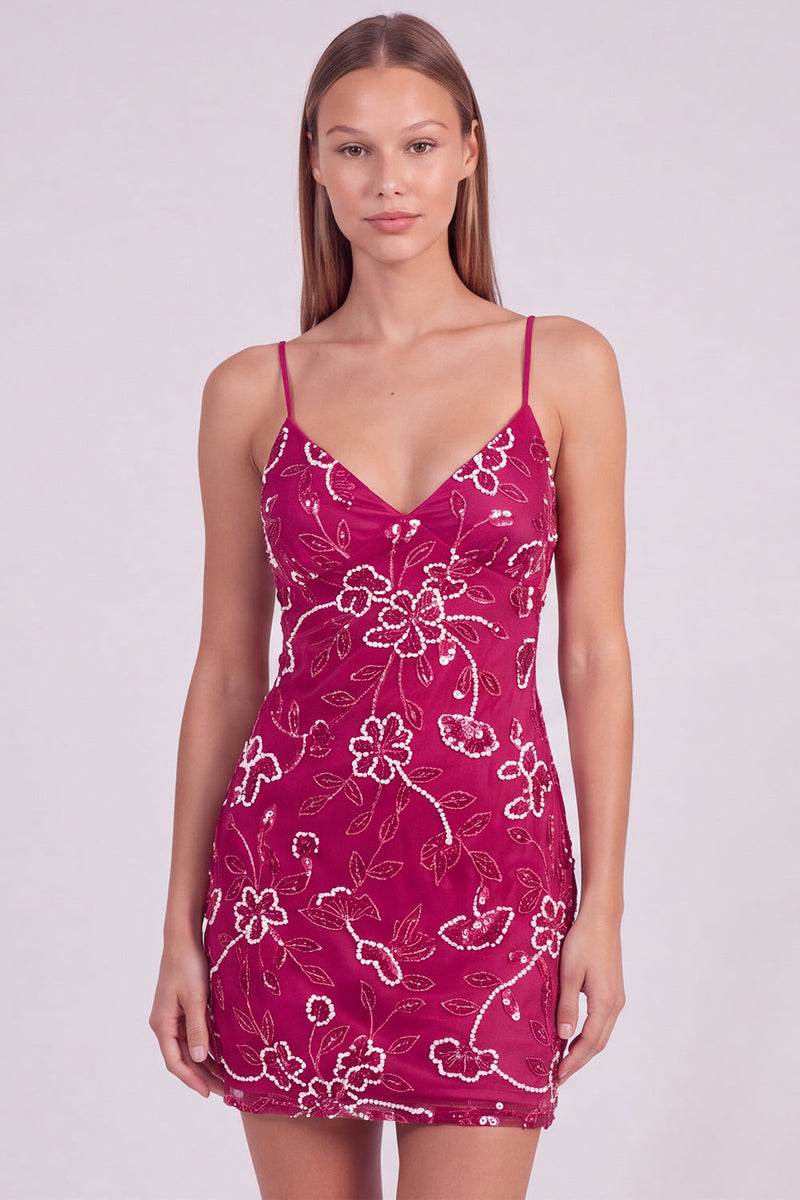 Laden Sie das Bild in den Galerie-Viewer, Rosa Florales Bodycon Pailletten Kurzes Abendkleid mit Schnürung hinten
