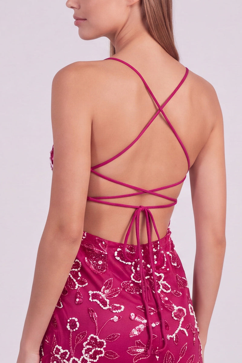 Laden Sie das Bild in den Galerie-Viewer, Rosa Florales Bodycon Pailletten Kurzes Abendkleid mit Schnürung hinten