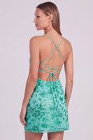 Laden Sie das Bild in den Galerie-Viewer, Rosa Florales Bodycon Pailletten Kurzes Abendkleid mit Schnürung hinten