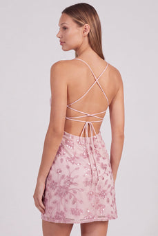 Rosa Florales Bodycon Pailletten Kurzes Abendkleid mit Schnürung hinten