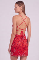 Laden Sie das Bild in den Galerie-Viewer, Rosa Florales Bodycon Pailletten Kurzes Abendkleid mit Schnürung hinten