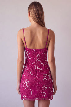Fuchsia Spaghettiträger Blumen Bodycon Perlen Kurzes Abendkleid