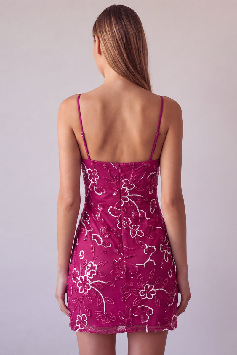Laden Sie das Bild in den Galerie-Viewer, Fuchsia Spaghettiträger Blumen Bodycon Perlen Kurzes Abendkleid