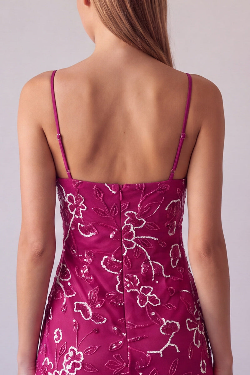 Laden Sie das Bild in den Galerie-Viewer, Fuchsia Spaghettiträger Blumen Bodycon Perlen Kurzes Abendkleid