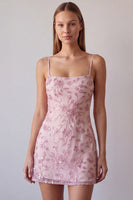 Laden Sie das Bild in den Galerie-Viewer, Fuchsia Spaghettiträger Blumen Bodycon Perlen Kurzes Abendkleid
