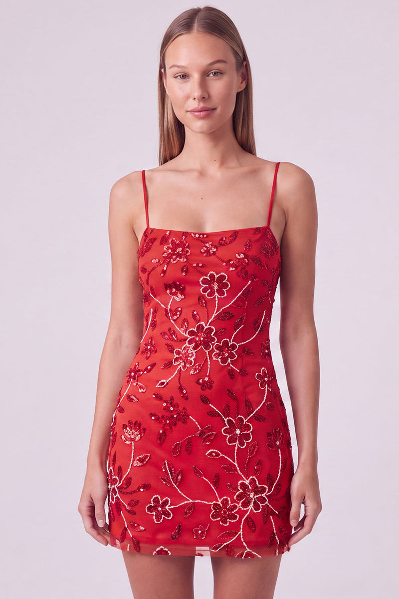 Laden Sie das Bild in den Galerie-Viewer, Fuchsia Spaghettiträger Blumen Bodycon Perlen Kurzes Abendkleid