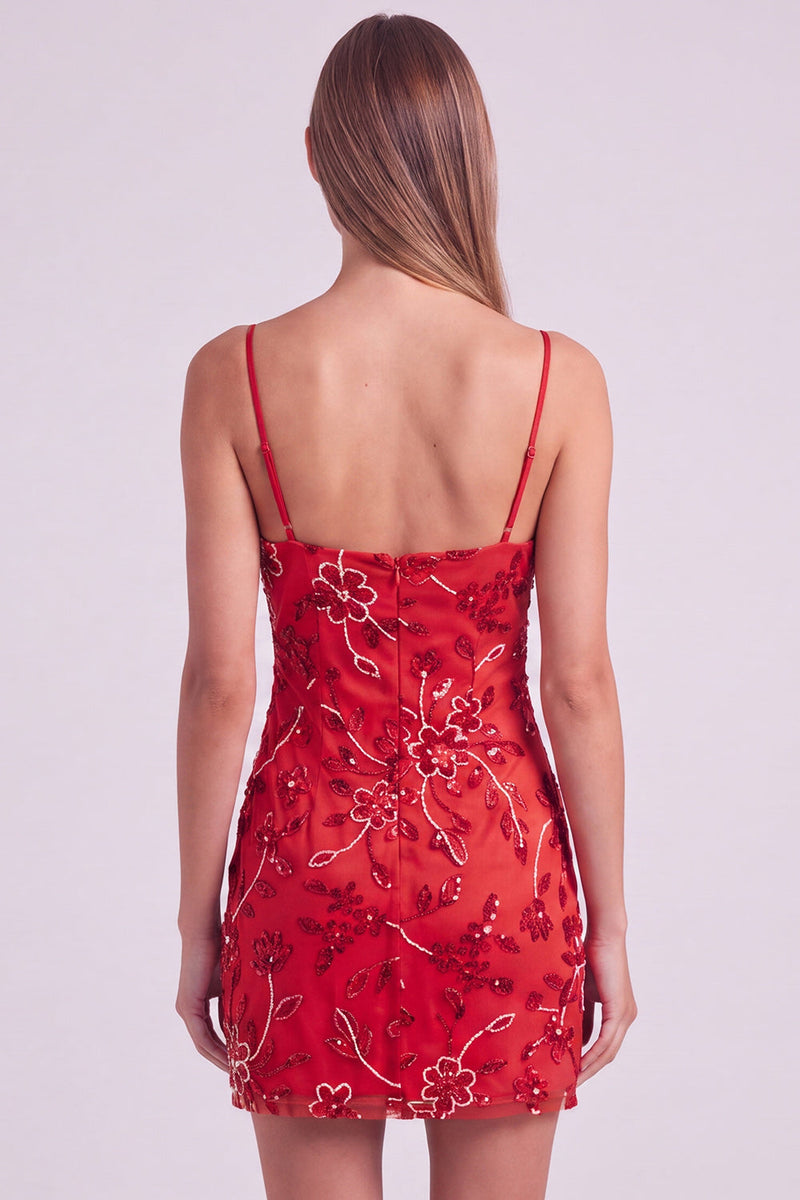 Laden Sie das Bild in den Galerie-Viewer, Fuchsia Spaghettiträger Blumen Bodycon Perlen Kurzes Abendkleid