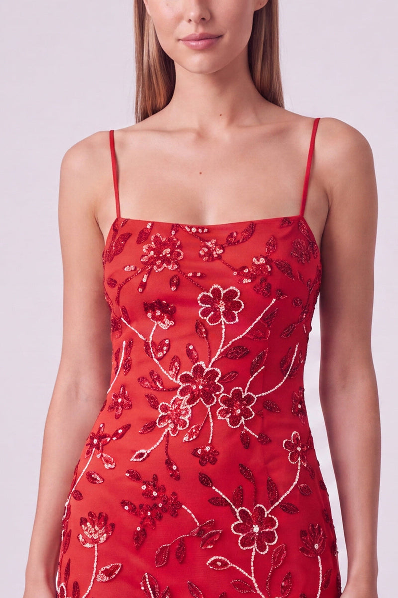 Laden Sie das Bild in den Galerie-Viewer, Fuchsia Spaghettiträger Blumen Bodycon Perlen Kurzes Abendkleid