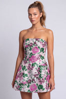 Laden Sie das Bild in den Galerie-Viewer, Florales Hellblaues A-Linie Trägerloses Kurzes Abendkleid