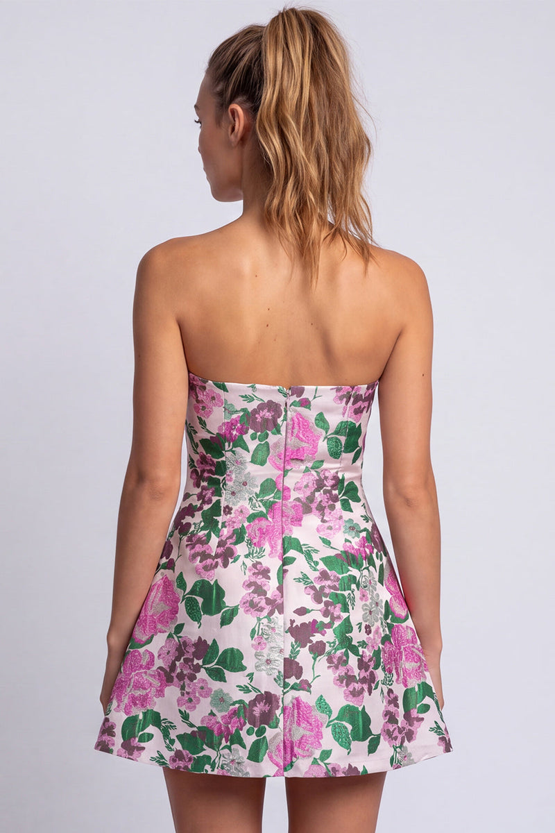 Laden Sie das Bild in den Galerie-Viewer, Florales Hellblaues A-Linie Trägerloses Kurzes Abendkleid