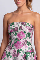 Laden Sie das Bild in den Galerie-Viewer, Florales Hellblaues A-Linie Trägerloses Kurzes Abendkleid