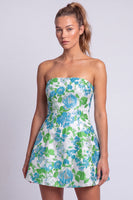 Laden Sie das Bild in den Galerie-Viewer, Florales Hellblaues A-Linie Trägerloses Kurzes Abendkleid