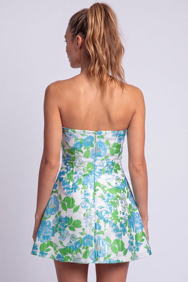 Laden Sie das Bild in den Galerie-Viewer, Florales Hellblaues A-Linie Trägerloses Kurzes Abendkleid