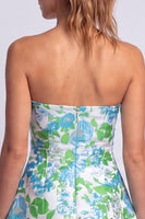 Laden Sie das Bild in den Galerie-Viewer, Florales Hellblaues A-Linie Trägerloses Kurzes Abendkleid