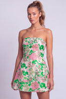 Laden Sie das Bild in den Galerie-Viewer, Florales Hellblaues A-Linie Trägerloses Kurzes Abendkleid