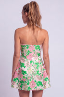 Laden Sie das Bild in den Galerie-Viewer, Florales Hellblaues A-Linie Trägerloses Kurzes Abendkleid