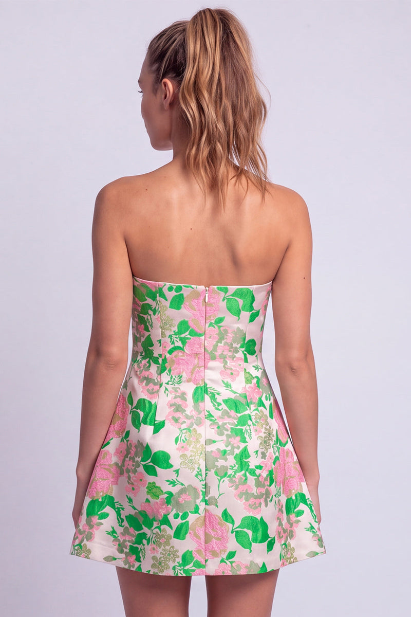 Laden Sie das Bild in den Galerie-Viewer, Florales Hellblaues A-Linie Trägerloses Kurzes Abendkleid