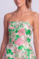 Laden Sie das Bild in den Galerie-Viewer, Florales Hellblaues A-Linie Trägerloses Kurzes Abendkleid