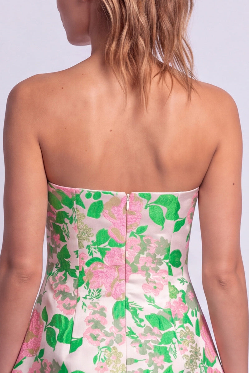Laden Sie das Bild in den Galerie-Viewer, Florales Hellblaues A-Linie Trägerloses Kurzes Abendkleid