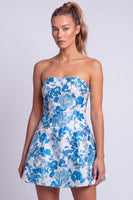 Laden Sie das Bild in den Galerie-Viewer, Florales Hellblaues A-Linie Trägerloses Kurzes Abendkleid