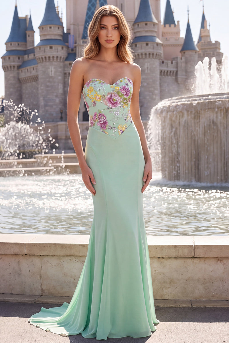 Laden Sie das Bild in den Galerie-Viewer, Floral Salbeigrünes Langes Meerjungfrauen Ballkleid mit glitzerndem Pailletten