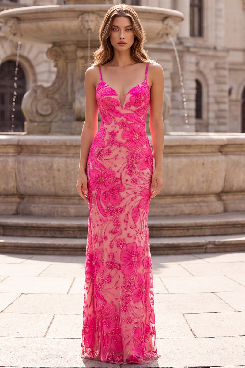 Laden Sie das Bild in den Galerie-Viewer, Glitzerndes Fuchsia Blumen Scheide Langes Abschlussballkleid mit Perlen und Spaghettiträgern