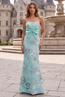 Laden Sie das Bild in den Galerie-Viewer, Meerjungfrauen Mintgrünes Blumiges Glitzerndes Trägerloses Langes Abschlussballkleid mit Perlen