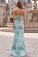 Laden Sie das Bild in den Galerie-Viewer, Meerjungfrauen Mintgrünes Blumiges Glitzerndes Trägerloses Langes Abschlussballkleid mit Perlen