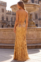 Laden Sie das Bild in den Galerie-Viewer, Glitzerndes Goldenes Meerjungfrauen Spaghetti-Träger Pailletten Langes Abschlussballkleid