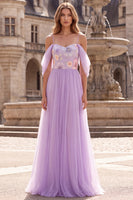 Laden Sie das Bild in den Galerie-Viewer, Lilac Floal Cold Shoulder Long A-Line Abschlussballkleid