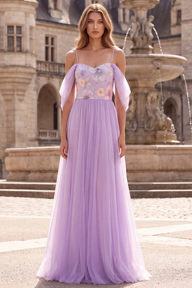 Laden Sie das Bild in den Galerie-Viewer, Lilac Floal Cold Shoulder Long A-Line Abschlussballkleid