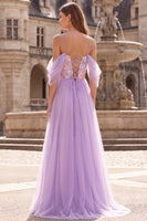 Laden Sie das Bild in den Galerie-Viewer, Lilac Floal Cold Shoulder Long A-Line Abschlussballkleid