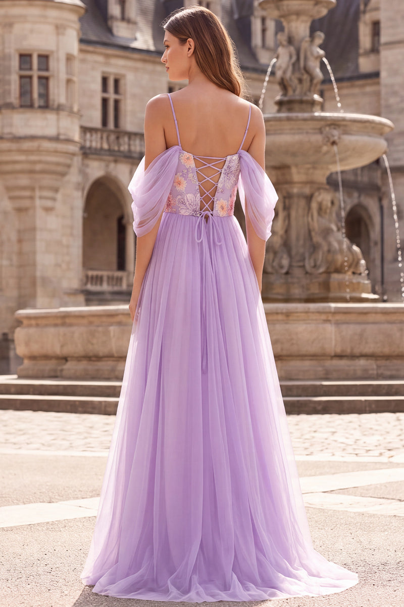 Laden Sie das Bild in den Galerie-Viewer, Lilac Floal Cold Shoulder Long A-Line Abschlussballkleid