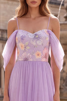 Laden Sie das Bild in den Galerie-Viewer, Lilac Floal Cold Shoulder Long A-Line Abschlussballkleid