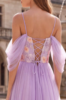 Laden Sie das Bild in den Galerie-Viewer, Lilac Floal Cold Shoulder Long A-Line Abschlussballkleid
