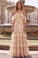 Laden Sie das Bild in den Galerie-Viewer, Florales Champagner-Off-the-Shoulder-A-Linie, gerüschtes langes Abschlussballkleid